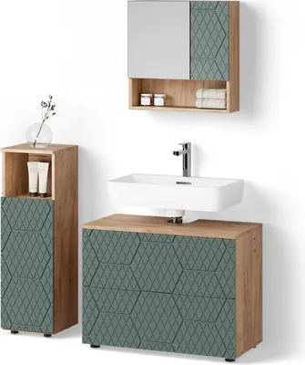 Immagine prodotto di Set mobili bagno Livinity Ronco Quercia verde/oro 3 pezzi, con cabinet midi, Model 52937