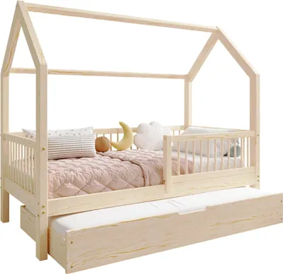Obrázek produktu pro TIMBEE ZOJA Duo house postel manželská postel dětská dřevěná postel se zásuvkou s funkcí spánku - nelakovaná - 70x140cm
