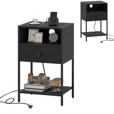 Produktbild von KOMFOTTEU Nachttisch mit Integriertem Ladestation, Beistelltisch mit offenem Regal, Nachtkommde Nachtschrank mit Metallrahmen, Sofatisch für Schlafzimmer, Wohnzimmer (Schwarz)