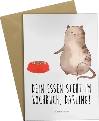 Produktbild von Mr. & Mrs. Panda Grußkarte Katze Fressen - Weiß - Geschenk, hochzeitskarten, dankeskarten, babykarte, einladungskarten, osterkarten, weihnachtskarten