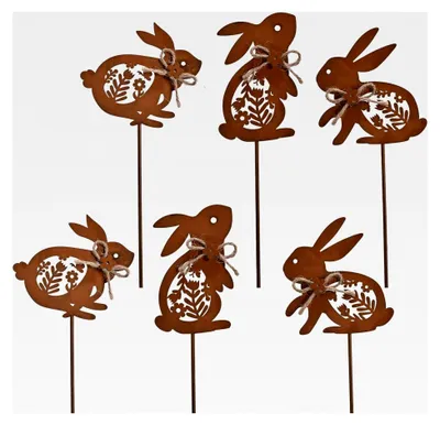 Produktbild von 6er Set Rost Hasen Gartenstecker für Osterdekoration, 25cm Hasen Blume Rostoptik Gartendeko, Wetterfester Roststecker aus Metall für Blumentöpfe, Terrassen und Balkone, Frühlingsdekoration