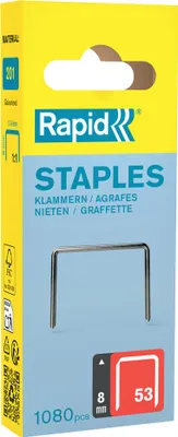 Produktbild von Rapid 40109503, Klammerpack, 8 mm, 1080 Heftklammern, R53, R153, R253, R353, R453, MS2.1, MS4.1, ALU610, ALU753, ALU853, ALU953, E100, ESN530, BTX530,..., 49 mm, 16 mm