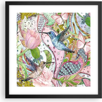 Produktbild von Gerahmtes Poster - Schwarzer Rahmen - Vogel Schmetterling Blume - 40x40 cm - Wand Bild - Wanddeko - Wandbilder - Wandposter - Bilderrahmen - Bilder - Kunstdruck - Wandbild - P2BAC40x40-4065