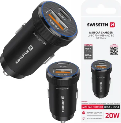 Zdjęcie produktu dla Ładowarka Samochodowa Kompaktowa Swissten 1 X Usb-c Pd + 1 X Usb-a Qc 20w