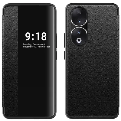 Obrázek produktu pro Pouzdro pro Honor 90 tenkéPolyuretankožené klopové pouzdro s okénkem pro zobrazení černé