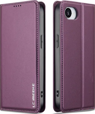 Image de Étui en cuir à rabat magnétique pour iPhone 16e/iPhone 17e, avec compartiment pour cartes et fonction support Violet