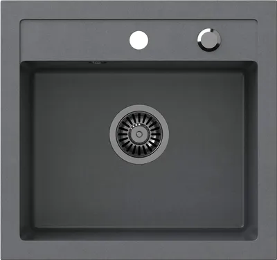 A top-down view of a gray kitchen sink with a drain and two holes in the top rim.