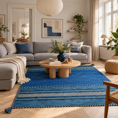 Produktbild von Natur Teppich Kelim Navarro Blau, Größe:70x250 cm