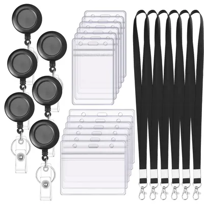 Produktbild von Ausweishalter-Set mit Riemen, 12-teilig, transparente horizontale und vertikale Kartenhalter mit einziehbarem Schlüsselring für Zuhause, Büro und Schule.