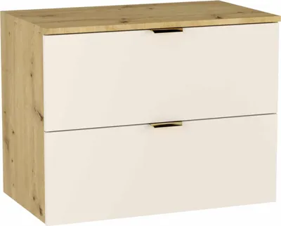 A two-drawer vanity unit with a wooden top and sides, and cream-colored drawers.