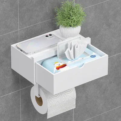 Immagine prodotto di Portarotolo da bagno con ripiano e contenitore per salviette umidificate, in bambù, bianco, da fissare con adesivo o tramite foratura