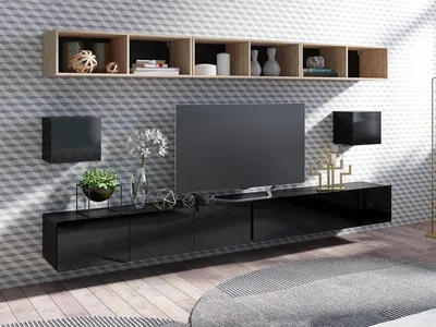 Produktbild von Wohnwand CALABRINI-34 Wohnzimmer-Set Hängewohnwand Schrankwand Schrank TV-Schrank Moderne Anbauwand Hochglanz (Schwarz / Artisan Eiche)