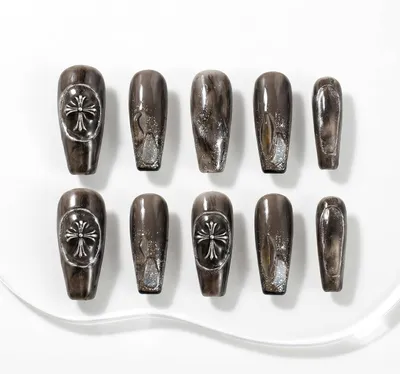 Image de Ongles à coller, longs, forme cercueil ou ballerine, 10 pièces, motif marbre noir avec croix, pour les mains