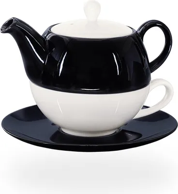 Produktbild von Buchensee Tea for one Set / Teeset Lena, Teekanne 500ml, weiß/schwarz, Crystal Bone China Porzellan