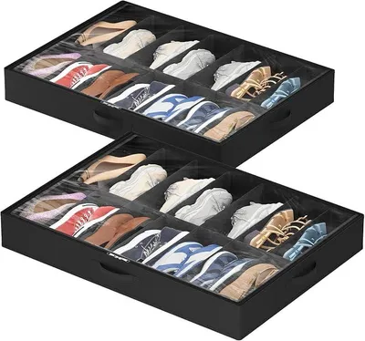 Productafbeelding van PolkaHome® Schoenenorganizer met kijkvenster, set van 2, opvouwbaar, voor onder het bed, zwart, 2 x 14 paar