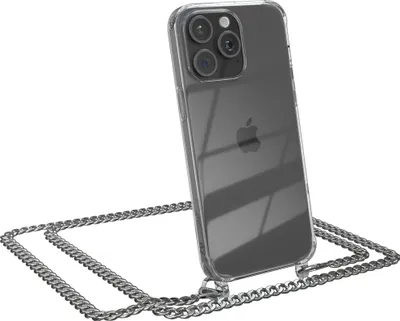 Produktbild von EAZY CASE Metall Handykette für Apple iPhone 15 Pro Max, Handyhülle mit Umhängeband, Silikonhülle, Metallkette für Smartphone in Silber