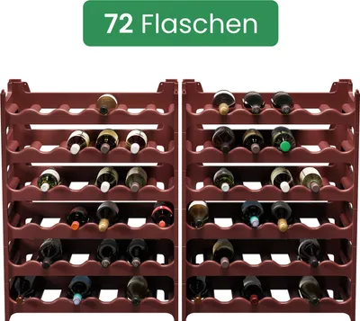 Two modular wine racks filled with wine bottles, set against a white background.