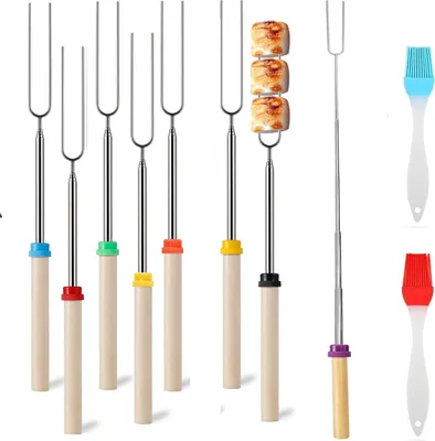 Produktbild von Grillspieße Edelstahl,8 Stück Teleskop Grillspieße,Extendable 31-81 cm,Barbecue Skewers,Grillspieße Teleskop Marshmallow, Spieße Ausziehbar, Lagerfeuerspieße mit Holzgriff,Roasting Sticks Grillbesteck