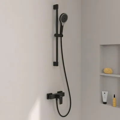 Imagen del producto de Juego de ducha Villeroy & Boch Taro, que incluye barra de ducha, ducha de mano y grifo de ducha de pared
