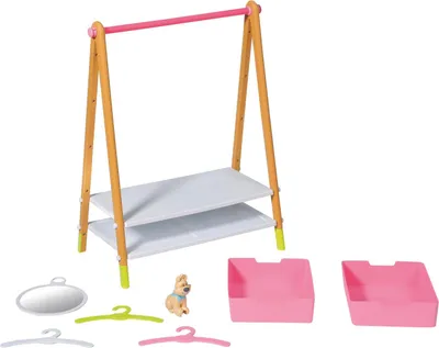 Produktbild von Zapf Creation Baby Born vešiak na oblečenie s dreveným vzhľadom a príslušenstvom