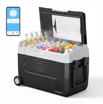 Obrázek produktu pro HcaloryD45M+ 45l kompresorová chladnička s aplikací pro Bluetooth, dvouzónová (-20 °C až +20 °C), elektrická pro 12 V/24 V/230 V, s kolečky, přepážkou a krájecím prknem
