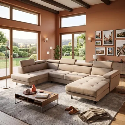 Produktbild von MUFFO Ecksofa U-Form JUNIOR U Links mit Schlaffunktion 128x254 Velours Beige, KI-generiertes Bild