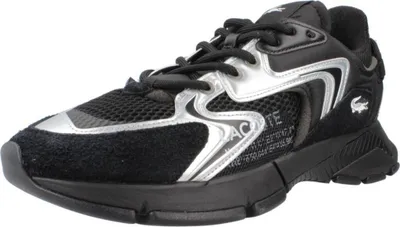 A single black and silver Lacoste sneaker is shown from a side-angle on a white background.