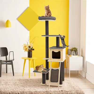 Image de Arbre à chat avec plateforme - Arbre à chat avec jouets - Arbre à chat pour chats - Griffoir - Tour d'activités - Griffoir en bois à 6 niveaux avec sisal