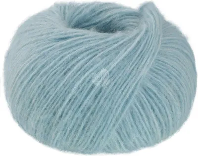 A ball of light blue yarn on a white background.