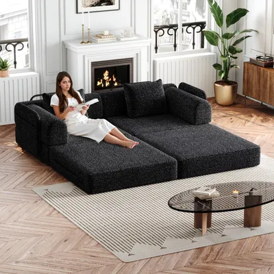 Obrázek produktu pro okwish Dvoudílná sada 2-v-1 Rozkládací postel/Relaxační křeslo s područkami a úložným prostorem, skládací denní postel s kovovým rámem a protiskluzovou podložkou, Černá