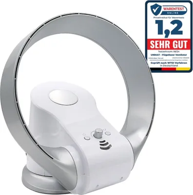 A bladeless fan is shown with a product review badge in the top right corner.