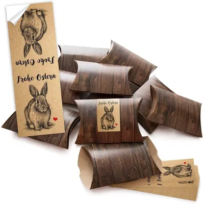 Produktbild von 10 kleine Geschenkboxen Holz Optik braun 14,5 x 10,5 cm ca. 3 cm + 10 Osteraufkleber 5 x 15 cm vintage Hase Osterhase Ostern Herz rot Verpackung Geschenke Aufkleber Kraftpapier