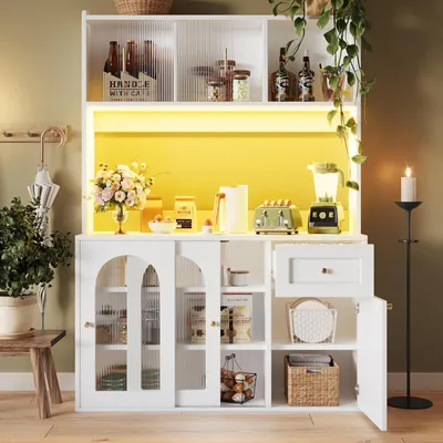Immagine prodotto di Armadio alto da cucina con illuminazione a LED e porta in vetro, mobiletto dispensa, vetrina, mobile contenitore, bianco, 120x35x167 cm