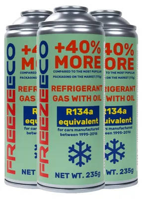 Produktbild von FreezeEco 3x 2-in-1 R134a Ersatz-Klimaanlagen-Kältemittel-Set mit Öl und Dichtmittel