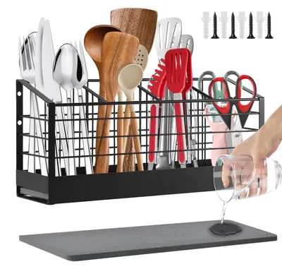 Produktbild von Besteckhalter für Arbeitsplatte oder Wandmontage, 4 Fächer, großer Besteckbehälter, Besteckablage mit Kiesfuß, Küchenhalter für Küchenutensilien, schwarz