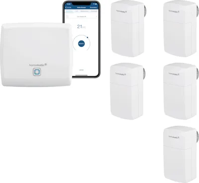 Produktbild von Homematic IP Smart Home Heizungssteuerung Behördenmodell mit App für 5 Heizkörper - Geeignet für Büros, Arztpraxen und Gewerbe. Inhalt: Access Point, 5 Heizkörperthermostate - kompakt. Kompatibel mit Alexa und Google Home.