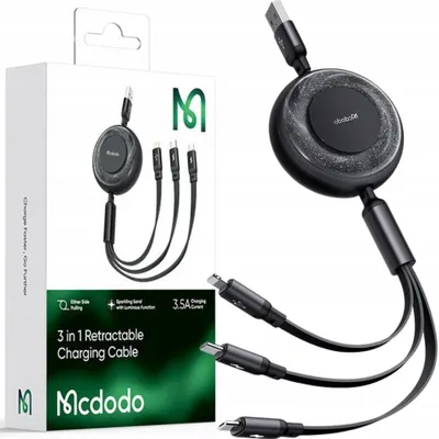 Produktbild von Mcdodo Micro Usb Lightning Usb-C Einziehbares Kabel 3In1 Schwarz