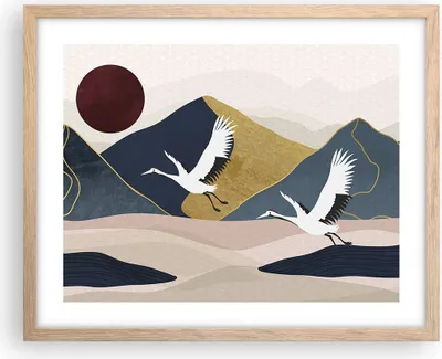 Produktbild von Gerahmtes Poster - Rahmen in heller Eiche - Kraniche Berge Sonne - 50x40 cm - Wand Bild - Wanddeko - Wandbilder - Kunstposter - Wandposter - Bilderrahmen - Bilder - Kunstdruck - P2NAA50x40-4785