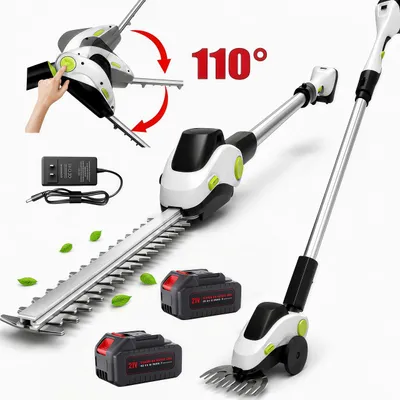 Produktbild von 3-in-1 Akku Heckenschere,110°drehbarer Kopf,Elektrische Heckensche mit 2×2000mAh Akku,LCD-Display,Doppelter Sicherheitsschalter,Teleskopstange,Silber