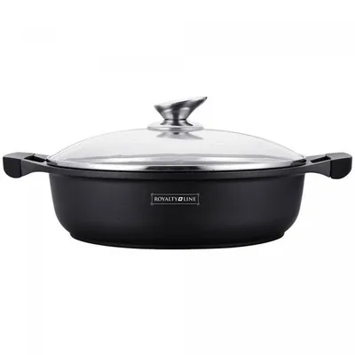 A black soup pot with a glass lid and silver handles, shown from the front on a white background.