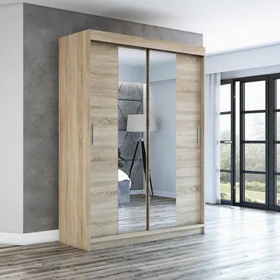 Produktbild von Schwebetürenschrank, 2-türig Schrank mit Spiegel! Moderne Garderobe für Kleidung. Verschiedene Farben (Weiß, Schwarz, Somona) Kleiderschrank NEO 160  cm