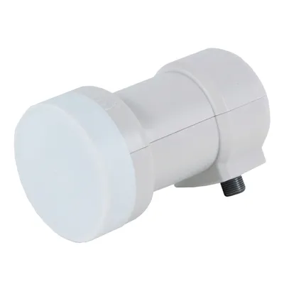 A white satellite LNB on a white background.