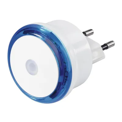 A white LED night light with a blue rim and a motion sensor, plugged into an electrical outlet.