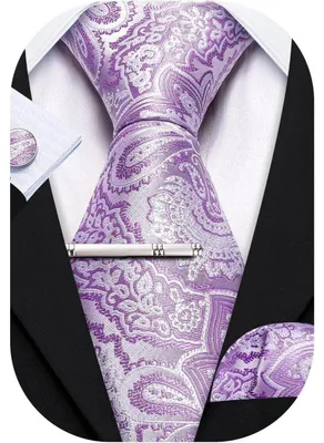 Productafbeelding van Herenset met stropdassen van zijde met paisley-motief in lila, inclusief zakdoek en manchetknoopjes