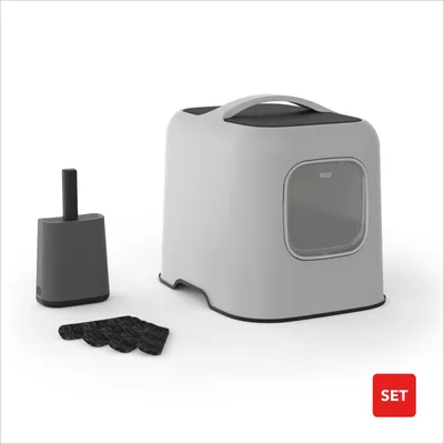 Produktbild von Rotho Katzentoilette mit Haube Bea – 51 x 39,5 x 44,3 cm – 13,5 cm Einstieg – Katzenklo mit Klappe & Schaufel – geruchsdicht & aus recyceltem Kunststoff