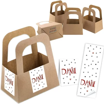 Produktbild von 5 kleine Kraftpapier Körbe mit Boden & Henkel + 10 DANKE Aufkleber mit Herzen