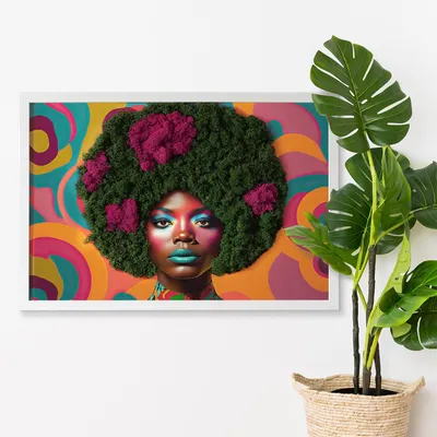 Produktbild von Moosbild mit Konserviertem Moos 3D Wandbild - 60x40 cm - Weißer MDF-Rahmen - Frau mit Afro
