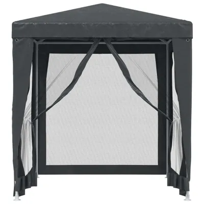 A dark gray party tent with mesh sides is shown from the front.