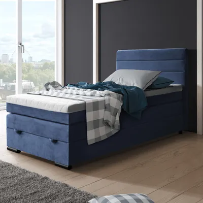 Produktbild von Boxspringbett Tulia 120 x 200 cm Einzelbett mit Topper Bett mit Taschenmatratze und Federkernmatratze Bettkasten, Stoff: mono 232 - Blau