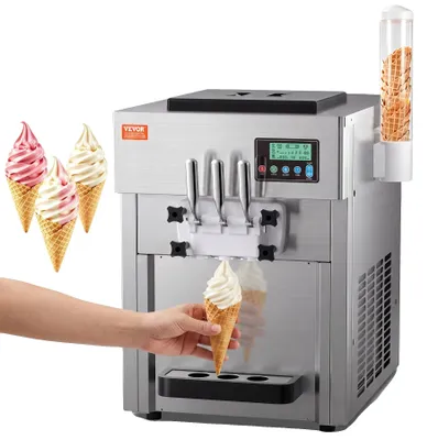 Produktbild von VEVOR Gewerbliche Eismaschine, 22-30L/H Ertrag, Tischgerät für Soft Ice Cream mit 2x6L Trichter 2L Zylinder LCD-Panel Puffing-Mangelalarm, Frozen Yogurt Maker für Restaurant Snack Bar, Silber, 4L x 2